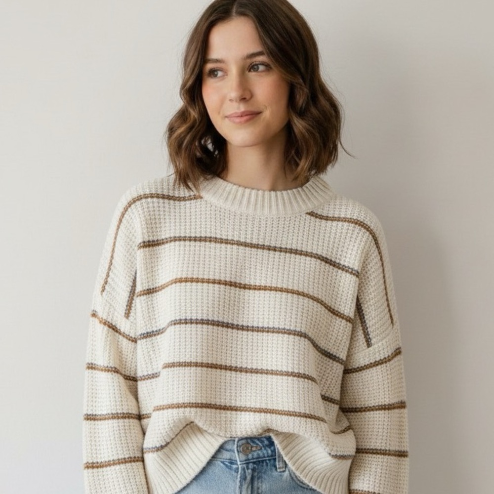 Petite Studio New York Cream Striped Mohair/Wool Blend Sweater, Size XS